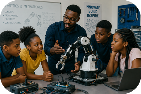 Robotics instructor in class with students